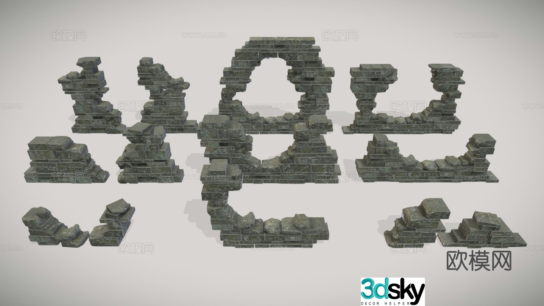 Medieval style stone wall architectural stone wall blue brick ruined city wall 3D model