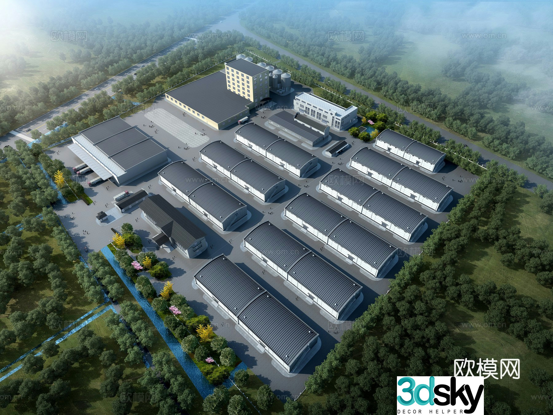Aerial view 3D model of grain depot factory building