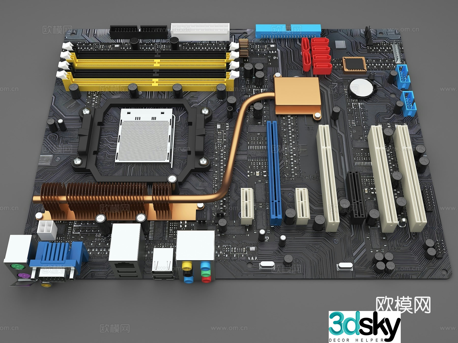 Computer motherboard chip slot memory slot 3d model