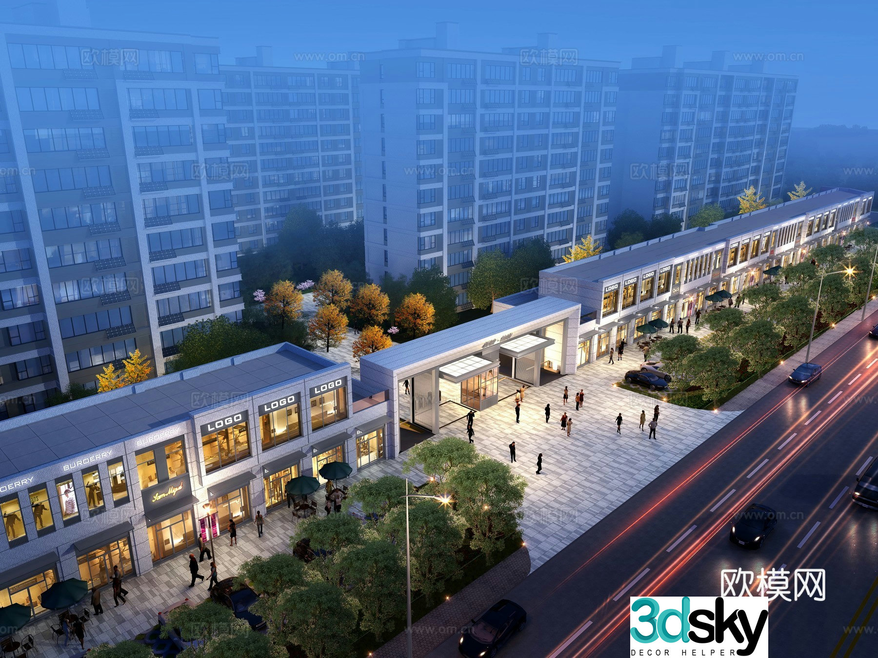 3D model of commercial street along the street
