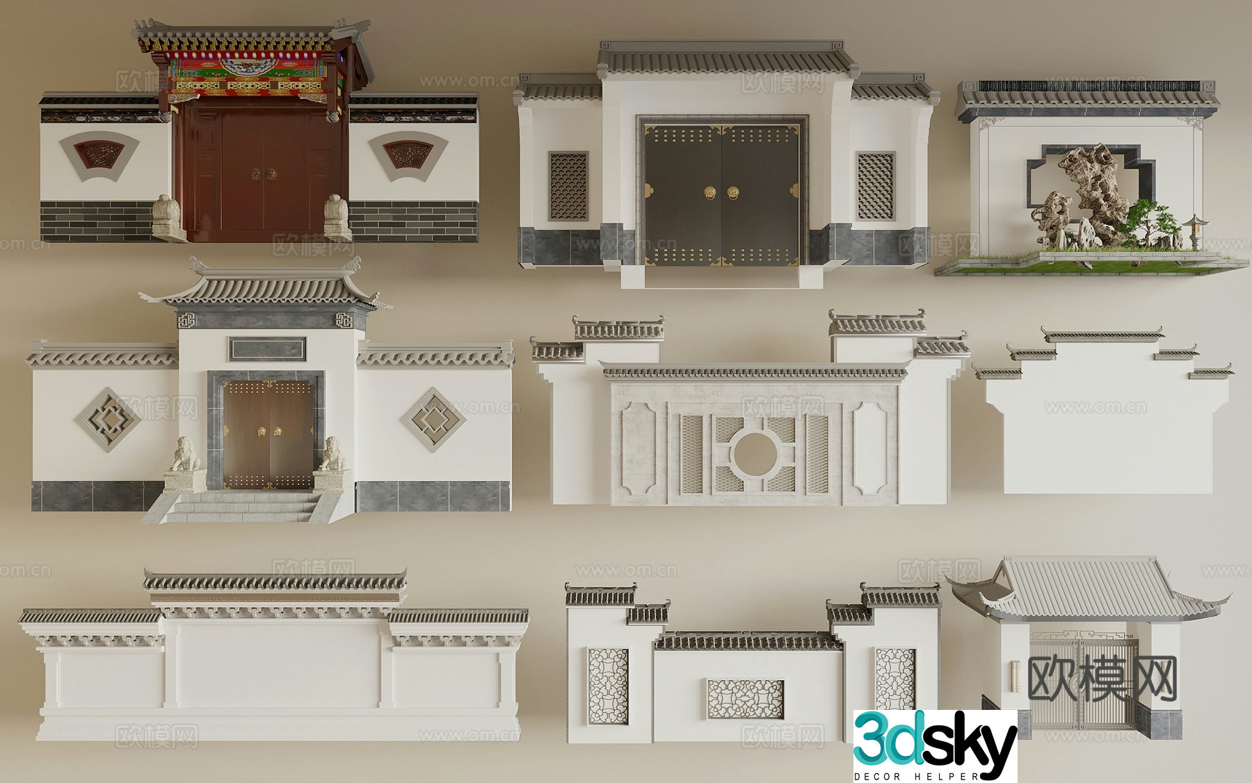 Chinese-style entrance door Hui-style architectural door store door courtyard door landscape wall 3D model