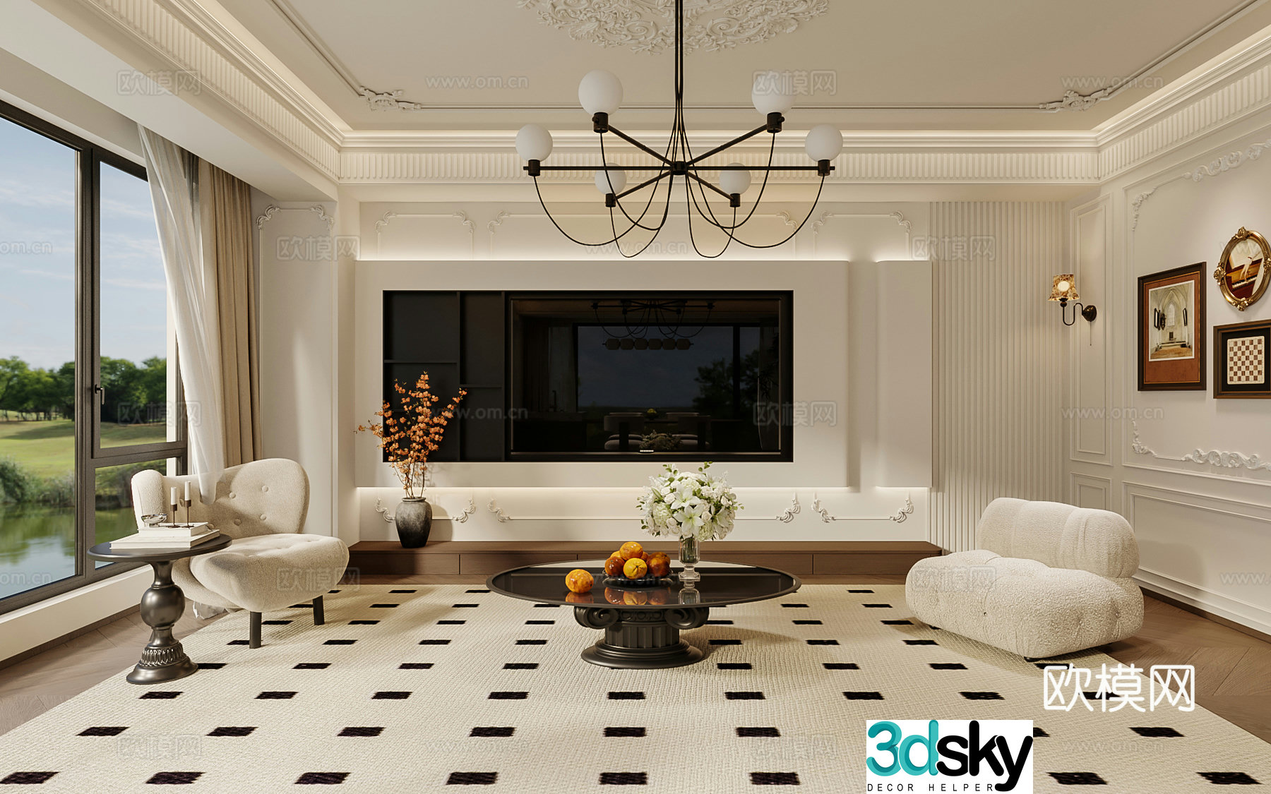 French living room TV background wall 3d model
