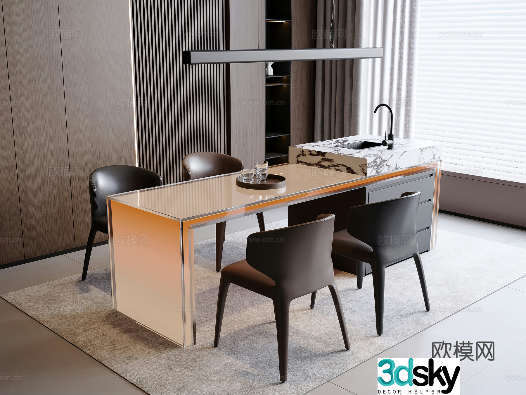 Italian island dining table and chairs 3d model