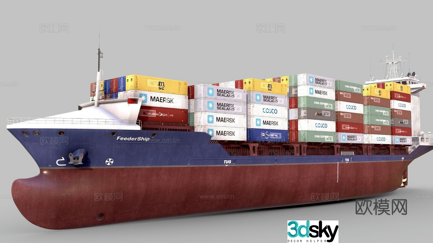 Blue container ship 3d model