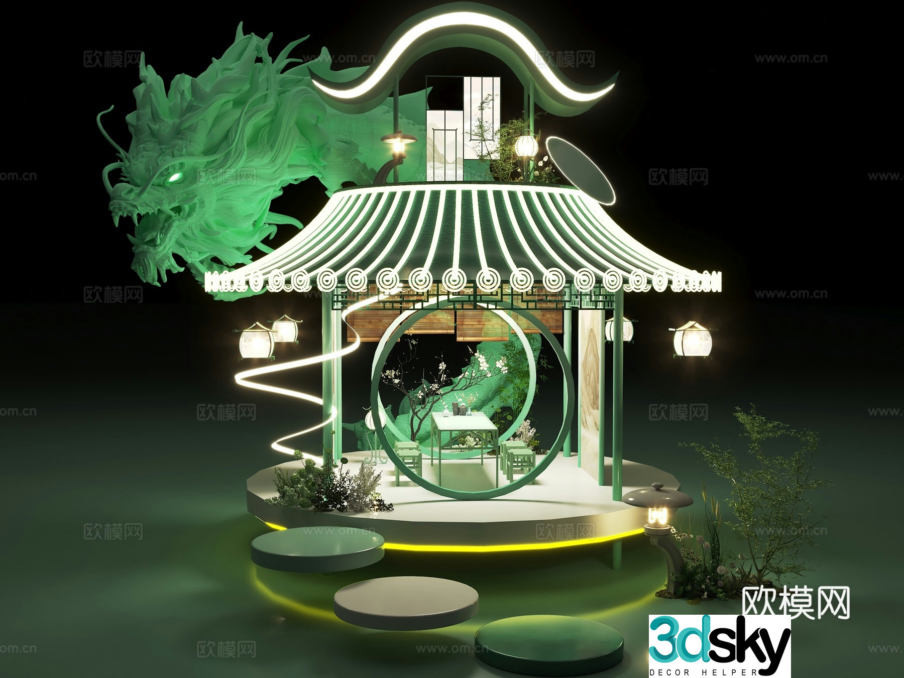 Chinese style beauty pavilion night view luminous pavilion 3d model