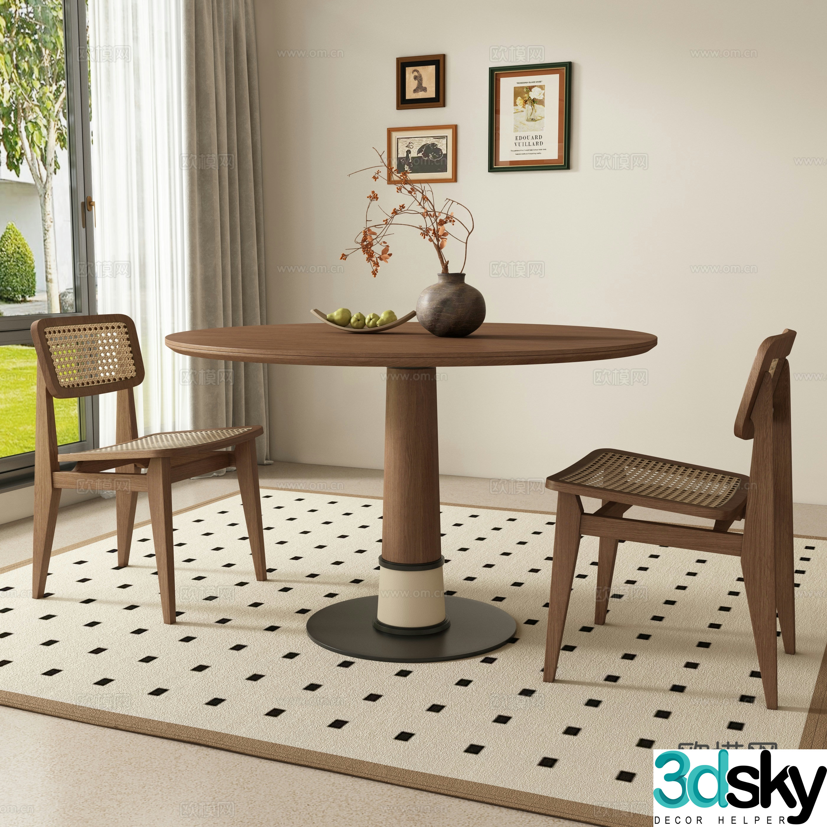 Medieval style round dining table and chairs 3D model