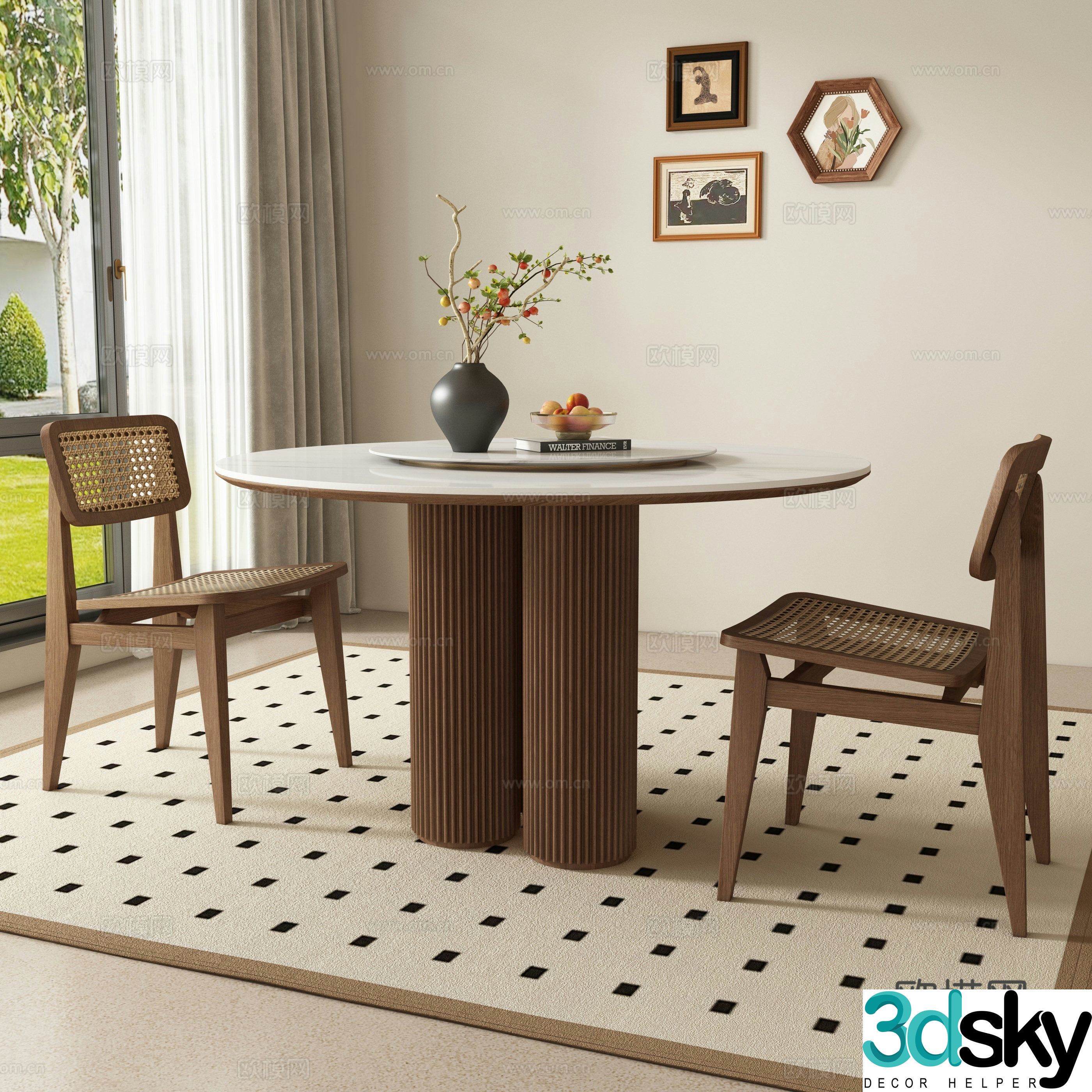 Medieval style round dining table and chairs 3D model