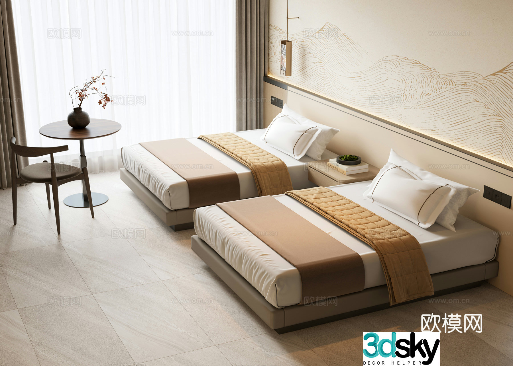 Hotel twin room 3d model